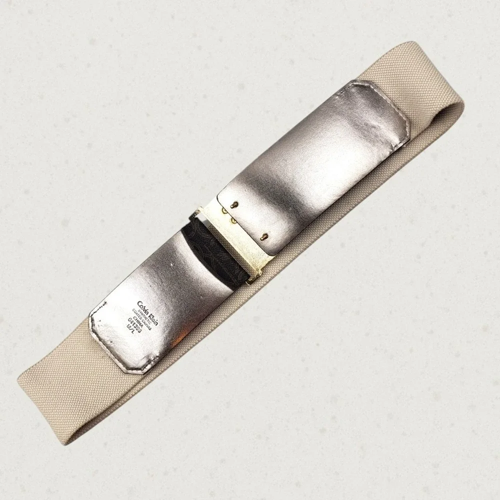Calvin Klein Womens Monogram Wide Elastic Waist Belt Gold Padlock Buckle M/L